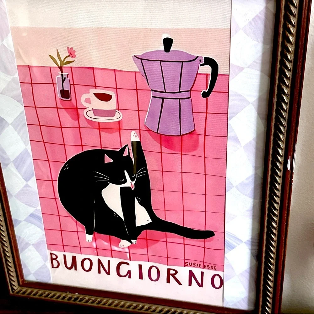 Buongiorno Tuxedo Cat Coffee Espresso Kitchen Canvas Art Print Framed Wall Art